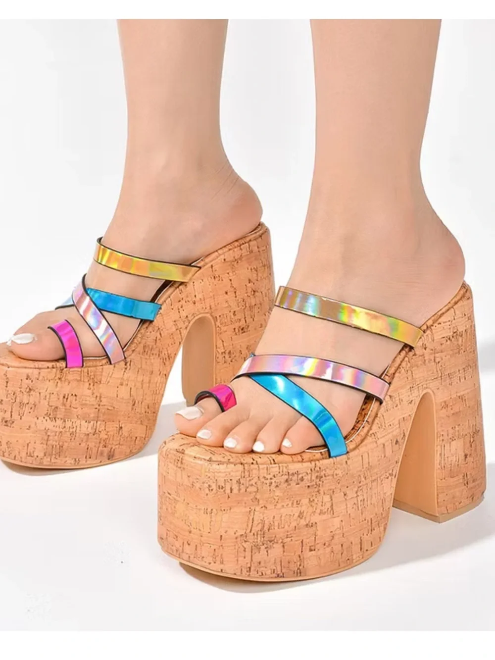 Cape Robbin Women’s Elci Cork 5” Platform Wedges Iridescent Multi-Color Sz 6 NWB
